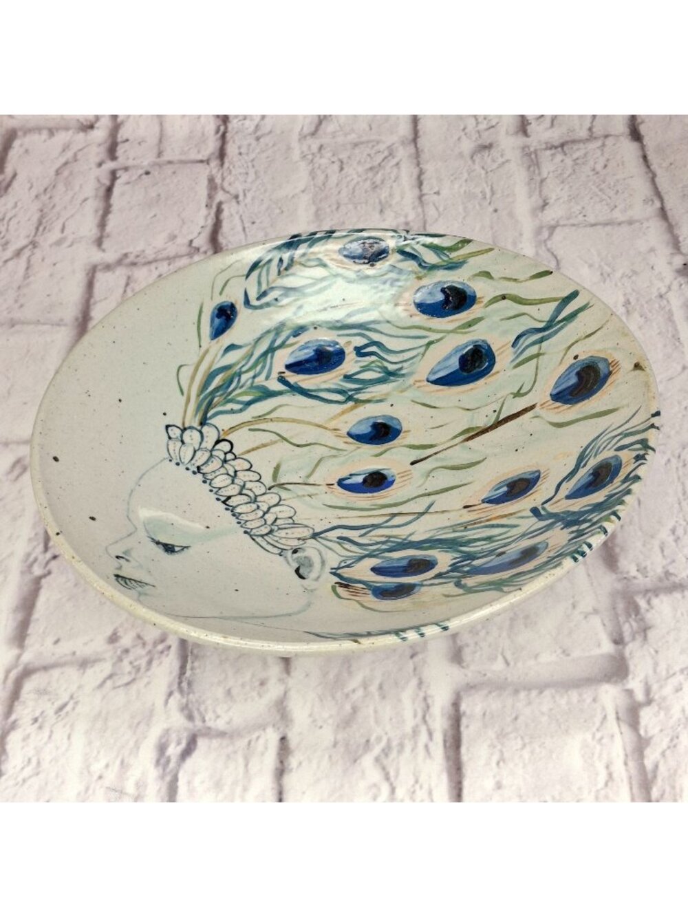 Vintage 90s Pottery Decorative Ceramic Bowl Handmade Peacock Feather Signed Art